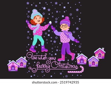 We wish you a Merry Christmas. Happy children with Christmas decorations isolated on black background. Cartoon kids in bright winter clothes and handwritten text. Vector flat illustration.