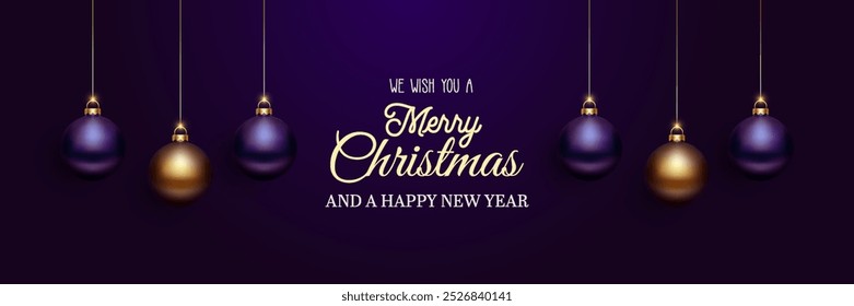 We wish you a Merry Christmas and a Happy New Year card. Dark purple vector background. Christmas balls and text. Holiday greetings festive design