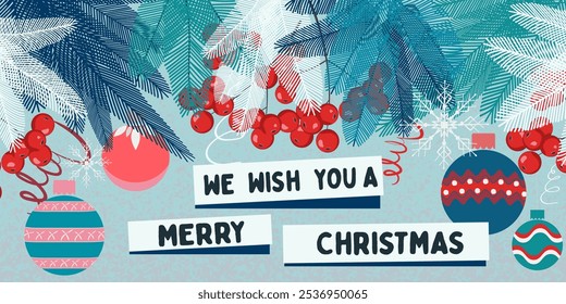 We Wish You a Merry Christmas greeting card, web banner,  background. Winter Holidays Xmas design with typography, Christmas tree branches,  snowflakes. Simple art poster, cover, ads template