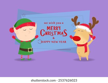 We wish you merry Christmas and happy New Year template design. Positive elf and reindeer. Vector can be used for greeting cards, posters, banners and brochures