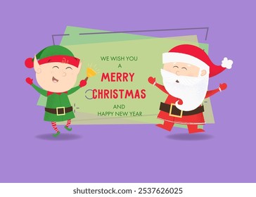 We wish you merry Christmas and happy New Year poster template design. Excited elf and Santa Claus on. Vector can be used for greeting cards, banners, flyers and brochures