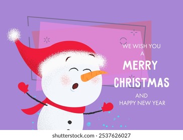 We wish you merry Christmas and happy New Year postcard design. Snowman in winter hat and scarf on abstract background. Template can be used for greeting cards, posters, banners