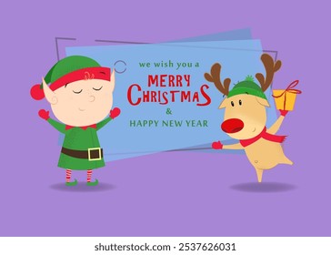 We wish you merry Christmas and happy New Year postcard template design. Excited elf and reindeer on abstract background. Vector can be used for greeting cards, banners, flyers and brochures