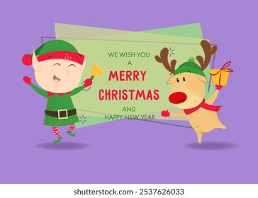 We wish you merry Christmas and happy New Year greeting card design. Elf with jingle bell and reindeer with gift box. Template can be used for posters, banners and brochures