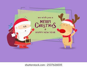 We wish you merry Christmas and happy New Year flyer template design. Happy Santa Claus and reindeer on abstract background. Vector can be used for greeting cards, banners, posters