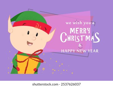 We wish you merry Christmas and happy New Year flyer design. Happy elf holding gift box on abstract background. Template can be used for greeting cards, posters, banners and brochures