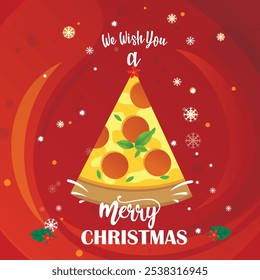 We wish you a merry christmas written in calligraphy style on a slice pizza shaped as a tree, Greeting post for social media platforms or Italian restaurants with Red attractive background.