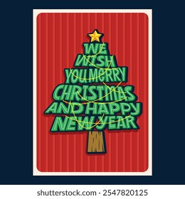 We Wish You Merry Christmas And Happy New Year Card. Hand Drawn Tree Neon Typography