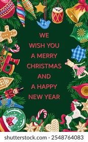 We wish you a merry Christmas and Happy New Year! Christmas toys on green background.  Frame, banner, greeting card. Place for your text