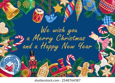 We wish you a merry Christmas and Happy New Year! Christmas toys on blue background.  Horizontal frame, banner, greeting card. Place for your text