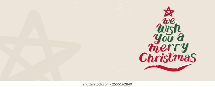 We wish you a merry Christmas text cloud as pine tree, vector design on beige color background with copy space