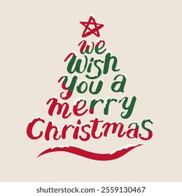 We wish you a merry Christmas text cloud as pine tree, vector design on beige color background 