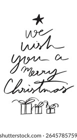 We wish you a merry christmas text font calligraphy hand written lettering script black color object icon gift box pine tree merry christmas happy new year santa claus We wish you a merry christmas 