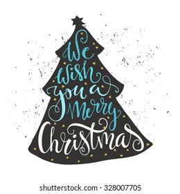 We Wish You A Merry Christmas - Quote In A Christmas Tree. Unique Lettering. Vector Art. Great Design Element For Congratulation Cards, Banners And Flyers.