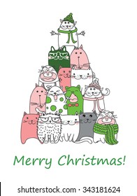 We wish you a Merry Christmas and a happy New Year. Stylish holiday card with cute cats in vector. Bright cartoon background with christmas tree with cats