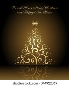 We wish you a Merry Christmas and Happy New Year card with gold christmas tree, vector