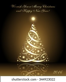 We wish you a Merry Christmas and Happy New Year 2016 card with gold christmas tree, vector