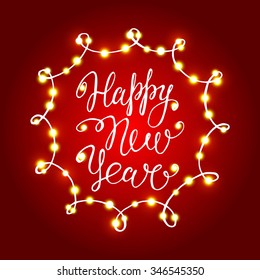We wish you a merry Christmas and Happy New Year - quote in a Christmas tree with chalk on blackboard background. Hand lettering. Design by flyer, banner, poster, printing, mailing.