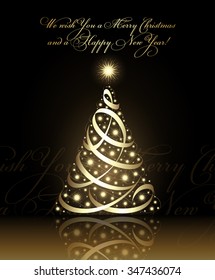 We wish you a Merry Christmas and a Happy New Year card with gold christmas tree, vector