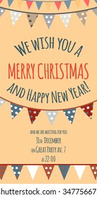 We wish you a Merry Christmas and Happy New Year! Invitation card with flags garlands cover design. Stock vector.