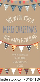 We wish you a Merry Christmas and Happy New Year! Invitation card with flags garlands cover design. Stock vector.