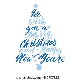 We wish you a merry Christmas and happy new year, hand drawing blue Christmas tree, lettering on white background. Modern calligraphy, element for your design, greeting vector illustration