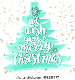We wish you a Merry Christmas. Xmas and Happy New Year tree word cloud, holidays hand lettering collage. Vector elements for your design on white background.