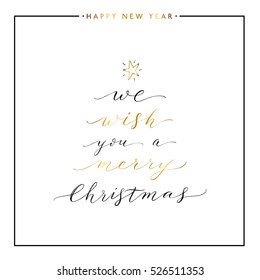 We wish you a Merry Christmas gold text isolated on white background, hand painted letter, golden vector Merry Christmas lettering for greeting card, poster, print, invitation, handwritten calligraphy