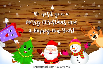 We wish you a Merry Christmas on texture wood background. Cute cartoon character in winter, illustration.