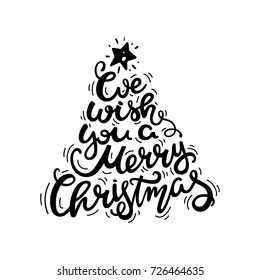 We wish you a Merry Christmas text. A quote written in the form of a Christmas tree. Design element for congratulation cards, banners and flyers.