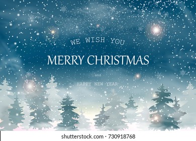 We wish you Merry Christmas and Happy new year. Winter Woodland Landscape with falling snow, christmas tree. Design template for flyer, banner, invitation, congratulation, poster design. Vector. 