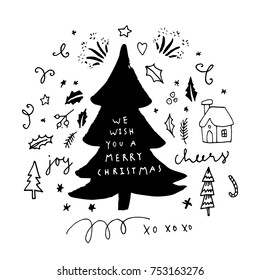 We Wish You A Merry Christmas hand lettered greeting card. Vector illustration