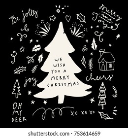 We Wish You A Merry Christmas. Holiday Season calligraphic hand drawn greeting card in black and white. Vector illustration