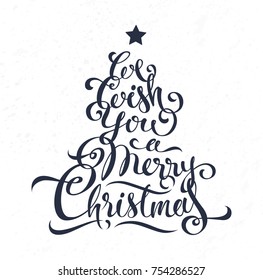 We wish you Merry Christmas calligraphy lettering in form of Christmas tree. Black inscription on white background, isolated vector for design of greeting card