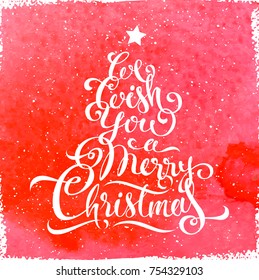 We wish you Merry Christmas - lettering calligraphy White chalk on a red watercolor background, isolated vector. Template of Greeting Cards for Christmas