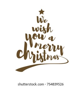 We wish you a merry christmas quote. Calligraphic text makes the shape of a christmas tree with a star on top. Vector art.