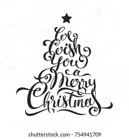 We wish you Merry Christmas lettering calligraphy in form of Christmas tree. Black inscription on white background, isolated vector for design of greeting card