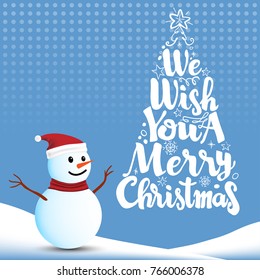 We wish you a Merry Christmas and Snowman on Winter Background, for christmas greeting card - Vector Illustration