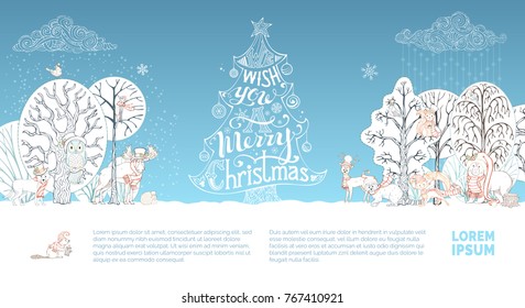 We wish you a Merry Christmas! Vector woodland animals in hats and scarfs in cartoon style. Cute fox, hare, deer, moose, bear, woodpecker, squirrel, raccoon, owl, hedgehog. Winter forest background.