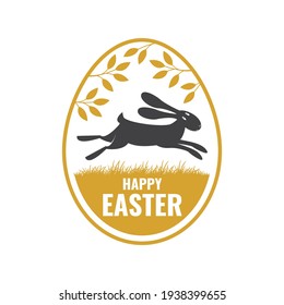 We wish you a very happy easter card, badge, logo, sign. Vector. Typography design with easter rabbit and hand eggs. Modern minimal style. Easter Egg Hunt