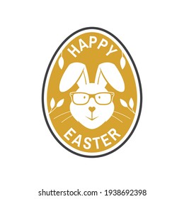 We wish you a very happy easter card, badge, logo, sign. Vector. Typography design with easter rabbit and hand eggs. Modern minimal style. Easter Egg Hunt