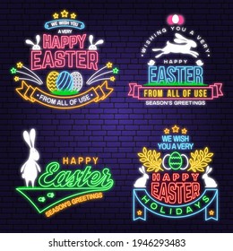 We wish you a very happy easter neon card, badge, logo, sign. Vector Neon typography design with rabbit and hand eggs. Modern minimal style. Easter Egg Hunt