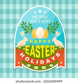 We wish you a very happy easter holidays card, sticker, patch. Vector. Typography design with easter rabbit and hand eggs. Modern minimal style. Easter Egg Hunt