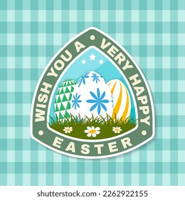 We wish you a very happy easter holidays card, sticker, patch. Vector. Typography design with easter colourful eggs. Modern minimal style. Easter Egg Hunt. Spring holiday.