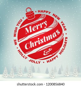 We wish you a very Merry Christmas and Happy New Year stamp, sticker set with hanging christmas bell. Vector illustration. Vintage typographic design for xmas, new year emblem in retro style.