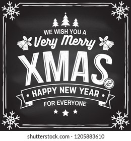 We wish you a very Merry Christmas and Happy New Year stamp, sticker set with holly, berry, christmas tree, bell. Vector. Vintage typographic design for xmas, new year emblem in retro style.