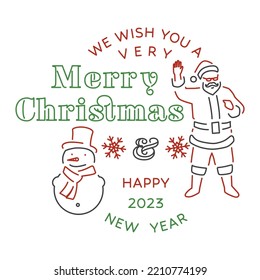 We wish you a very Merry Christmas and Happy New Year stamp, sticker set with snowman and Santa Claus. Vector illustration. Line art design for xmas, new year emblem in retro style.