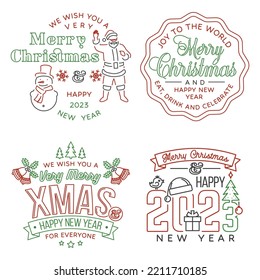 We wish you a very Merry Christmas and Happy New Year stamp, sticker set with snowman and Santa Claus. Vector illustration. Line art design for xmas, new year emblem in retro style.