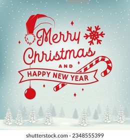 We wish you a very Merry Christmas and Happy New Year stamp, sticker set with snowflakes, christmas tree, gift.