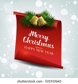 We wish you a Very Merry Christmas, greeting card. Red, curved, paper banner on winter background with snow and snowflakes